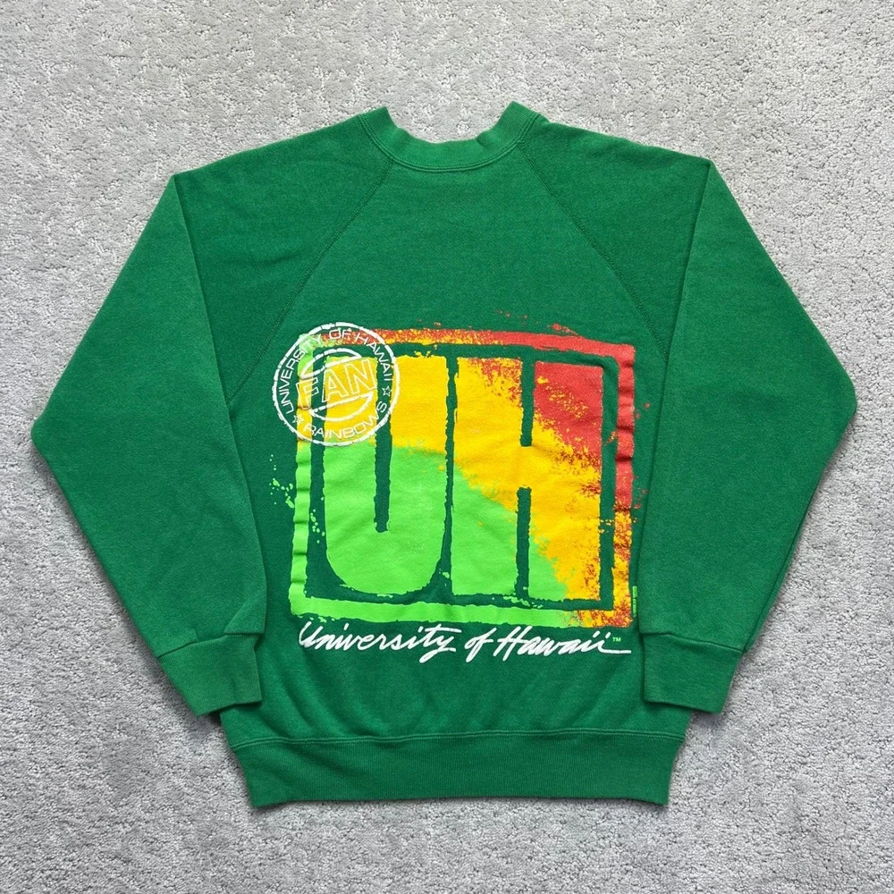 VINTAGE 90s University of Hawaii Rainbows Sweatshirt Sz S Green NCAA Raglan USA